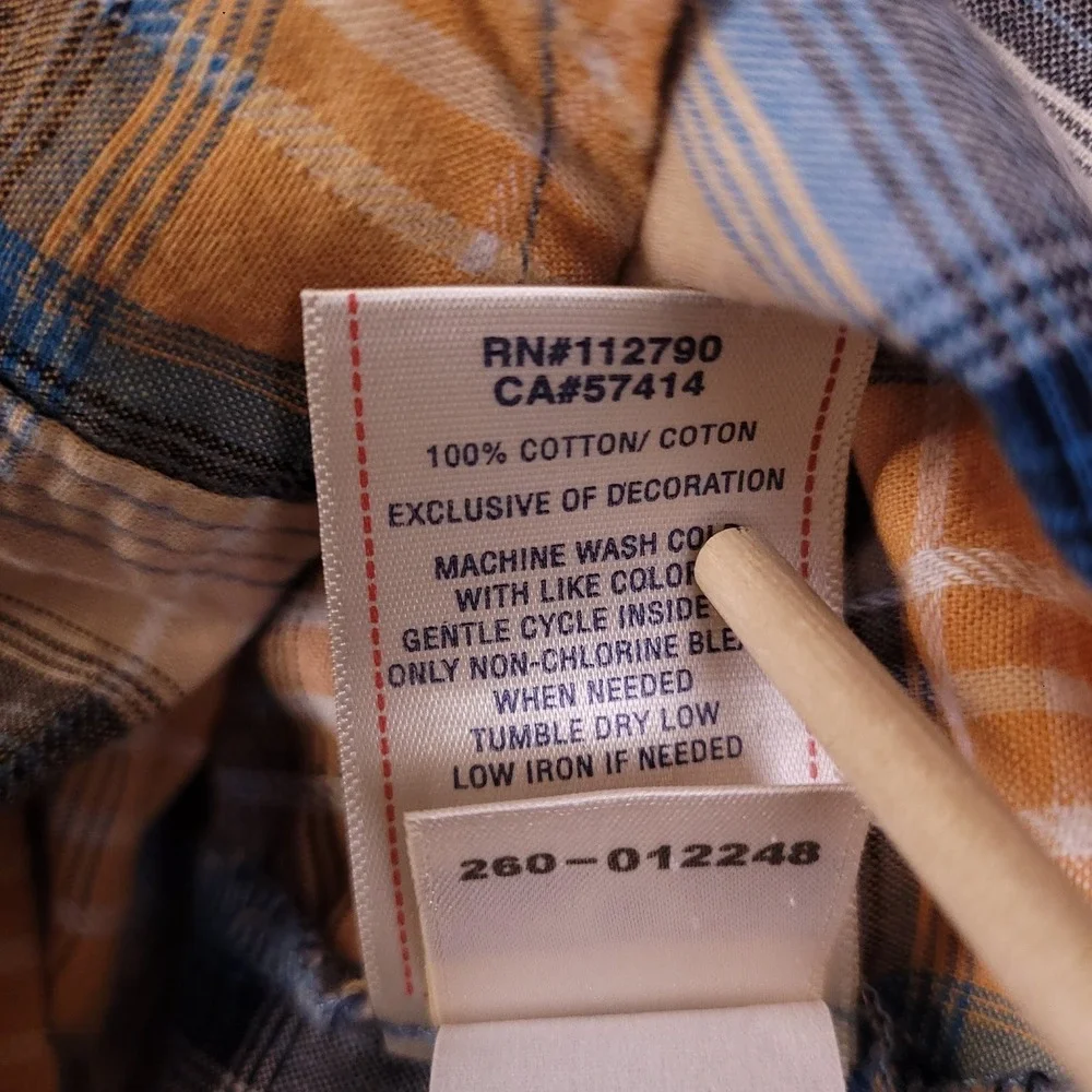 True Religion Men's Western Peal Snap Shirt Orange Blue Plaid XXL Cotton S/S